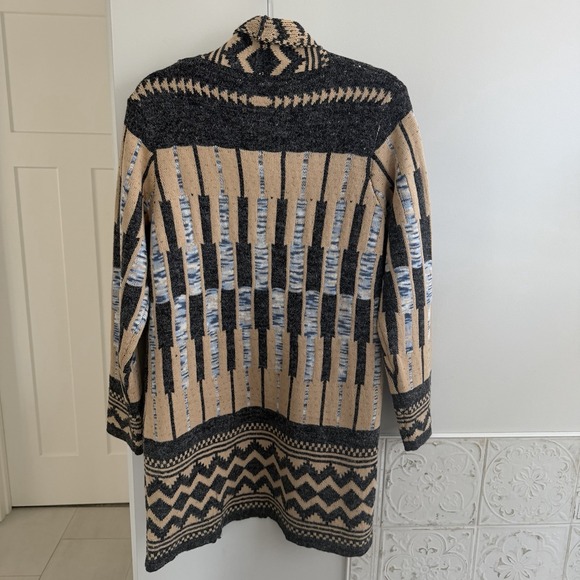 Papa Vancouver Black Tan Blue Southwest Long Open Cardigan Women's L Aztec New - Picture 2 of 10